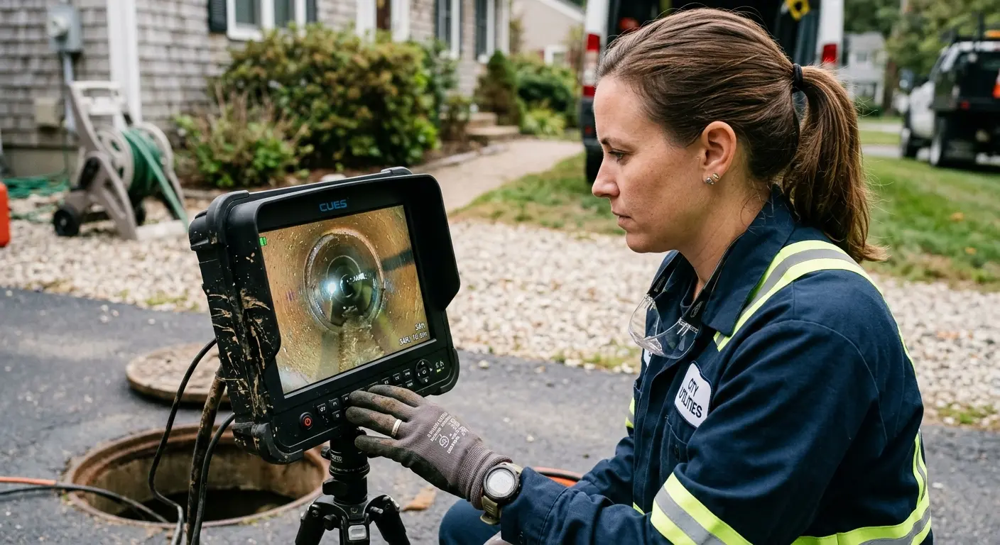 Technician reviewing sewer camera inspection footage in Brewer