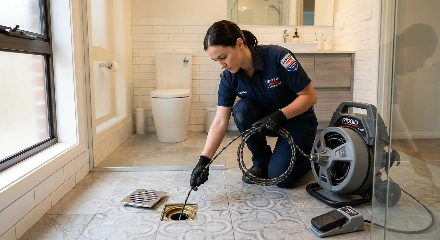 Technician clearing a bathroom floor drain for Sewer Line Installation in Brewer